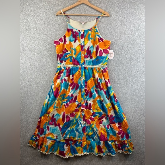 Harlow & Rose colorful cami top midi dress tropical full button lace ruffle trim - Picture 1 of 16